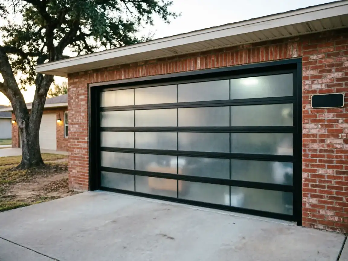 The modern garage door has frosted glass panels and a black frame on a brick house.