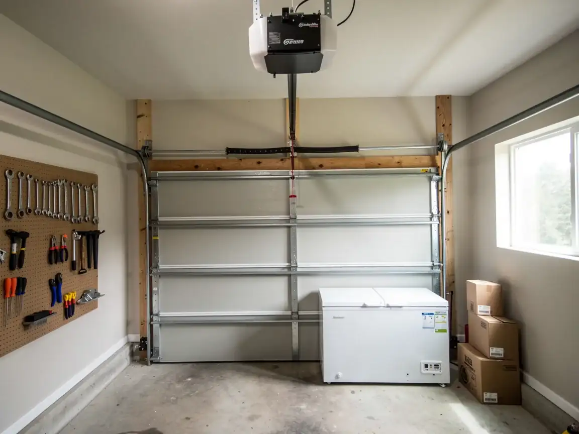 The garage door is closed, with an opener above it and a freezer to the right.