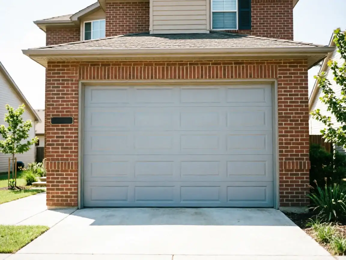A gray garage door is centered on a brick house with a concrete driveway.